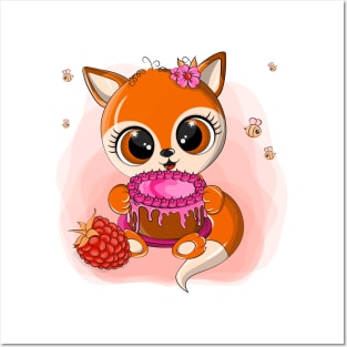 Orange fox with cake in his paws Posters and Art